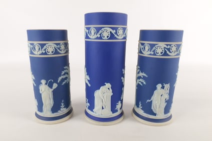 Lot of 3 Wedgwood Cobalt Blue Jasperware Cylinder Vases