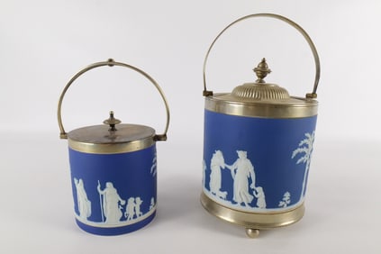 Lot of 2 Wedgwood Cobalt Blue Jasperware Biscuit Barrels
