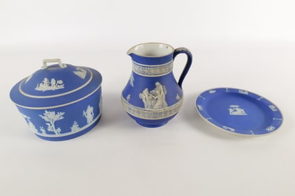 Lot of 3 Wedgwood Cobalt Blue Jasperware Pieces