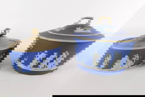 Lot of 2 Wedgwood Cobalt Blue Jasperware Butter Dishes: Lot of 2 Wedgwood Cobalt Blue Jasperware Butter Dishes. Including Butter Lugger and Covered Butter Dish with Silverplated Lid - Has a crack and appears to have been professionally repaired. Tallest me