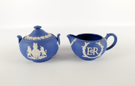 Wedgwood Royal Blue Jasperware Commemorative Creamer and Sugar