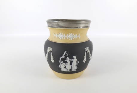 Antique Wedgwood Tricolor Biscuit Barrel Jar: Antique Wedgwood Tricolor Biscuit Barrel Jar. Black and Yellow Jasper with white bas relief of Neo-Classical Scenes (Achilles and Venus). Missing Lid. Has Silverplate rim at the top. Measures 6" tall