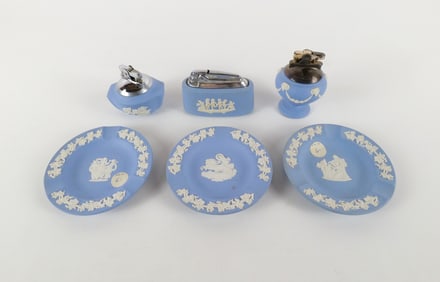 Lot of 6 Wedgwood Blue Jasperware Ashtrays and Lighters