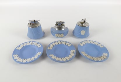 Lot of 6 Wedgwood Blue Jasperware Ashtrays and Lighters