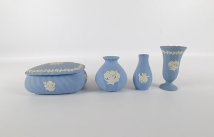Lot of 4 Wedgwood Blue Jasperware Floral Motif Pieces