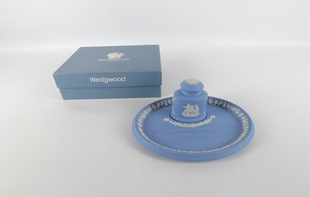 Wedgwood Pale Blue Jasperware Inkwell with Oval Pen Tray