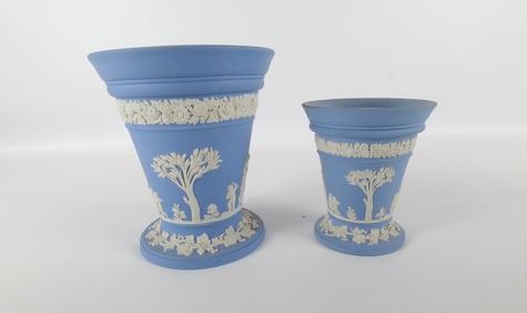 Lot of 2 Wedgwood Blue Jasper Vases with Flower Frog Inserts