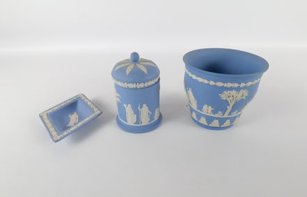Lot of 3 Wedgwood Blue Jasperware Pieces