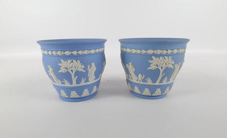 Lot of 2 Wedgwood Blue Jasperware Cache Pots