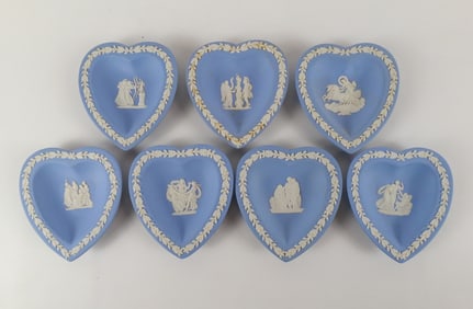 Lot of 7 Wedgwood Blue Jasperware Heart Shaped Trinket Dishes