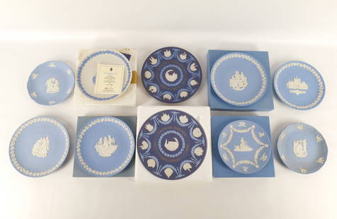 Lot of 10 Wedgwood Jasperware Christmas Plates: Lot of 10 Wedgwood Jasperware Christmas Plates. Including 2 Tricolor Christmas Plates - Tenth Anniversary and Second Decade - One with Box, Pale Blue on White Jasper Christmas 1982, and Pale Blue: 198