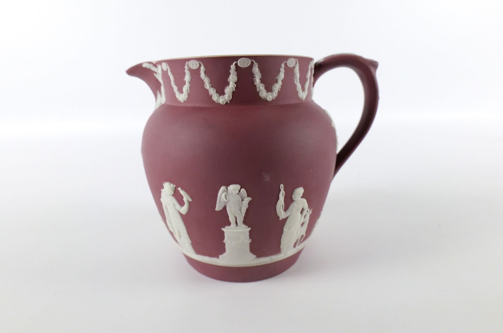 Antique Wedgwood Crimson Jasperware Sacrificial Scene Jug: Antique Wedgwood Crimson Jasperware Sacrificial Scene Jug. Measures 5.25" tall x 6.5" wide. All invoices must be paid within 24 hours of the sale. We offer multiple shipping options, please read the s