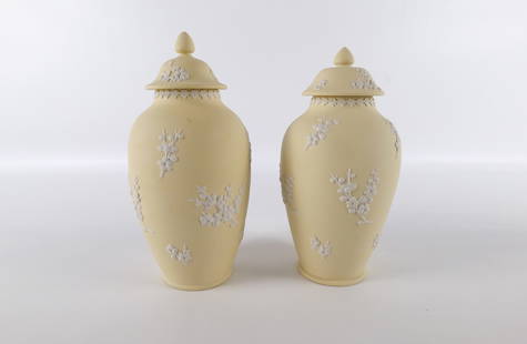 Lot of 2 Wedgwood Primrose Jasper Prunus Ginger Jars: Lot of 2 Wedgwood Primrose Yellow Jasperware Prunus Flower Ginger Jars. Tallest measures 9" tall. Not an exact match. All invoices must be paid within 24 hours of the sale. We offer multiple shipping
