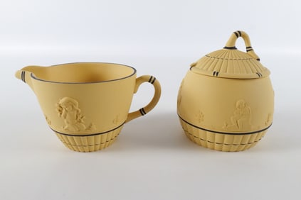 Lot of 2 Wedgwood Black on Cane Yellow Jasperware Pieces