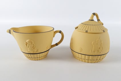 Lot of 2 Wedgwood Black on Cane Yellow Jasperware Pieces