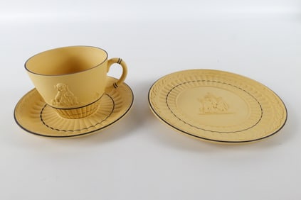 Three Piece Wedgwood Black on Cane Yellow Teacup, Saucer, and Plate Set