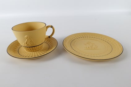 Three Piece Wedgwood Black on Cane Yellow Teacup, Saucer, and Plate Set