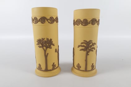 Lot of 2 of Wedgwood Taupe on Cane Yellow Jasperware Spill Vases