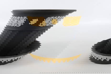 Wedgwood Library Collection Opus Planter and Underplate: Wedgwood Library Collection Black Jasperware and Cane Yellow Opus Planter and Underplate. Planter measures 4" tall. Underplate measures 5.5" long. All invoices must be paid within 24 hours of the sale