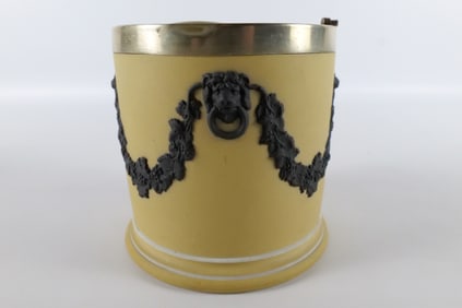 Antique Wedgwood Buff Yellow and Black Jasperware Dip Biscuit Jar