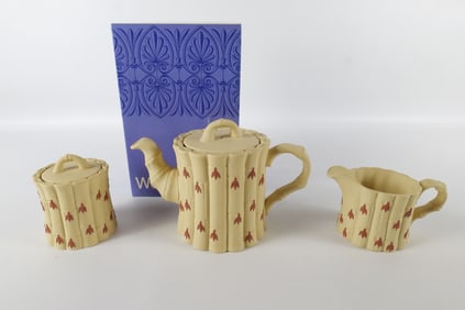 Wedgwood Terracotta Primrose Caneware Teapot, Creamer and Sugar