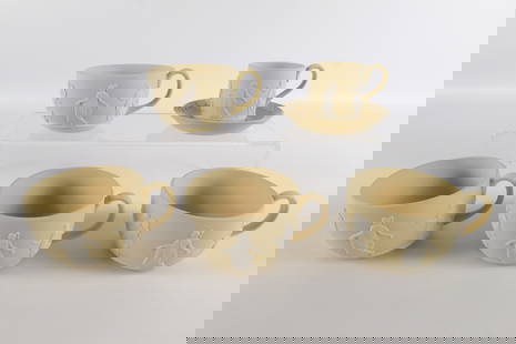 Lot of 6 Wedgwood Primrose Yellow Jasperware Dancing Hours Pieces: Lot of 6 Wedgwood Primrose Yellow Jasperware Dancing Hours Pieces. Including Demitasse Cup and Saucer measuring 2.75" tall and (4) Tea Cups. All come with original boxes. All invoices must be paid wit