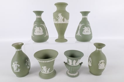 Lot of 7 Wedgwood Sage Green Jasperware Vases