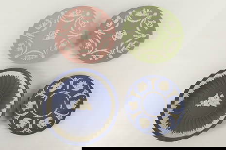 Lot of 4 Wedgwood Jasperware Collector Plates: Lot of 4 Wedgwood Jasperware Collector Plates. Including Sage Green Cupid and Cherub, Pink Cupid and Cherub, Portland Blue Neoclassical Scene, and Portland Blue with Children Painting. Largest
