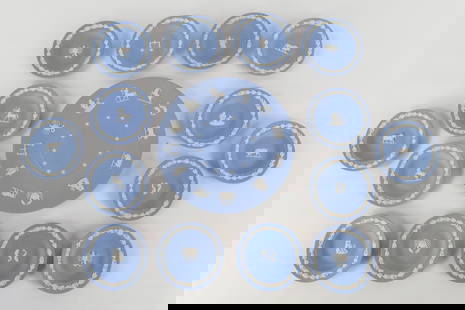 Lot of Wedgwood Pale Blue Jasperware Zodiac Plates: Lot of Wedgwood Pale Blue Jasperware Zodiac Plates. Including Full Set of 12, Collector Society and Extra Pisces and Scorpio. Largest measures 9.5" diameter. All invoices must be paid within 24 hours