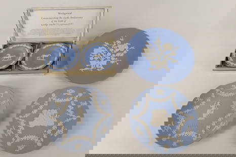 Lot of 4 Wedgwood Pale Blue Jasperware Plates: Lot of 4 Wedgwood Pale Blue Jasperware Plates. Including George Stubbs Set in Box, 1998 Plate, 2001 Plate and Floral Motif Plate. Largest measures 9". All invoices must be paid within 24 hours of the