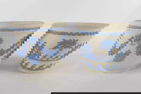 Lot of 2 Wedgwood Reverse Blue on White Jasperware Pieces: Lot of 2 Wedgwood Reverse Blue on White Jasperware Pieces. Including Planter and Queen's Ware Cache Pot. Both depicting Neoclassical Scenes. Tallest measures 4.5". All invoices must be paid within 24
