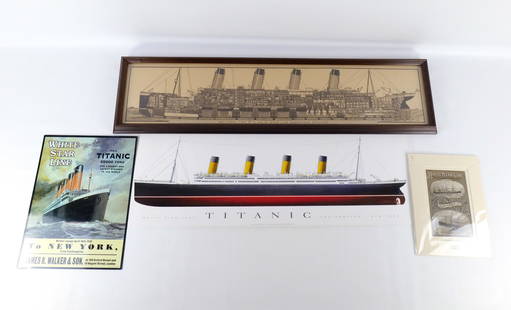Lot of Ship Collectible Memorabilia.: Lot of Ship Collectible Memorabilia. Including Framed 1922 Brochure for the RMS Olympic Steamship, 1998 Graphique de France Titanic Poster, Reproduction Maiden Voyage Tin Sign, and Matted 1881 White S