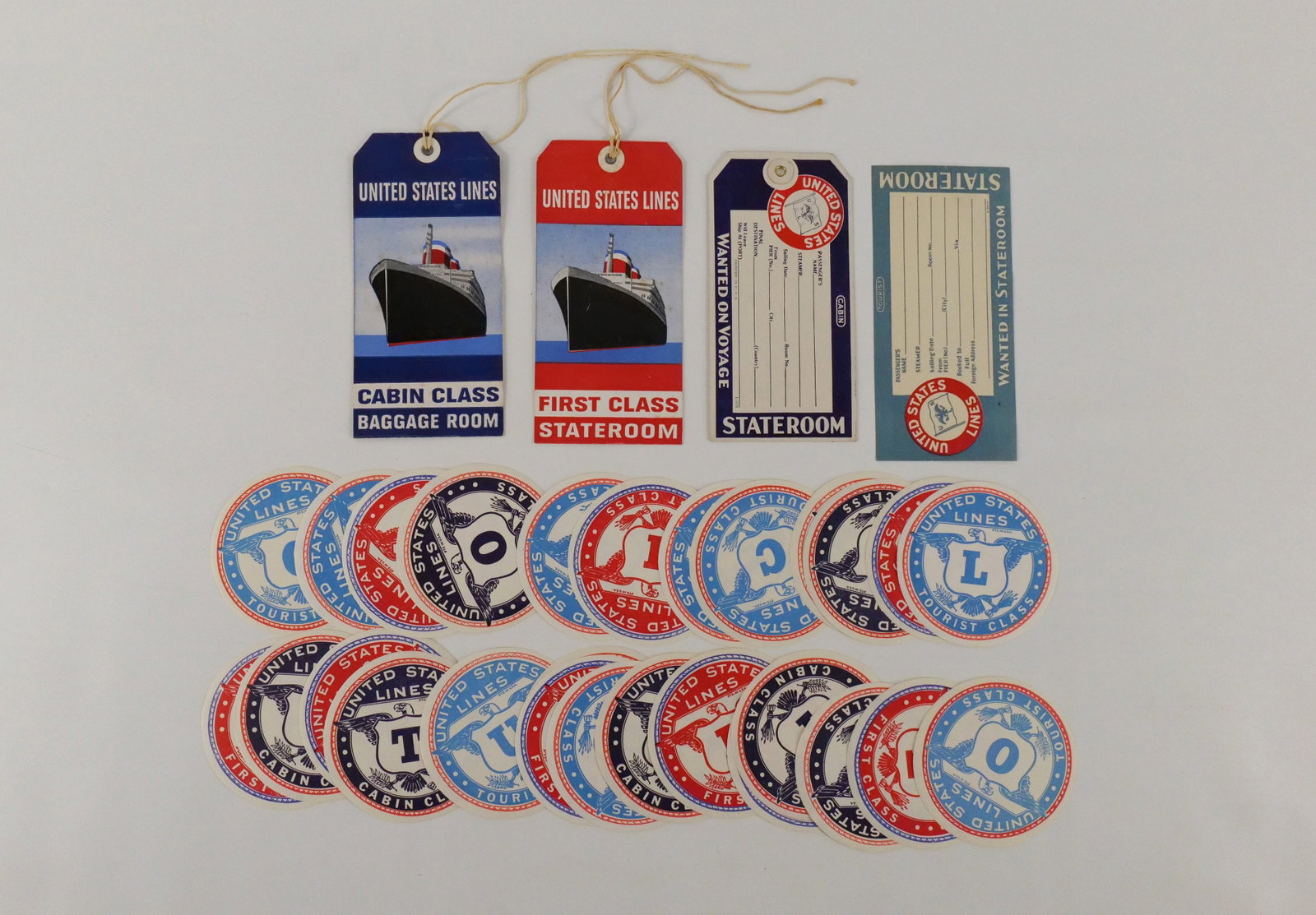 Group of S.S. United States Luggage Tags: Group of S.S. United States Luggage Tags. Including Tags with Strings and Tags as Labels - All with Full Gum. Including Tourist, Cabin, Stateroom & Full Class. All invoices must be paid within 24 hour