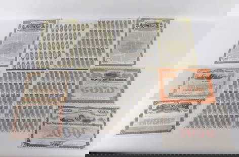Group Lot of Railroad Stock Certificates: Group Lot of Railroad Stock Certificates. Some Unused, Some still have coupons attached and Others are Used and Cancelled. Including Atlantic Coast Line Railroad, Rome Watertown & Ogdensburg Railroad