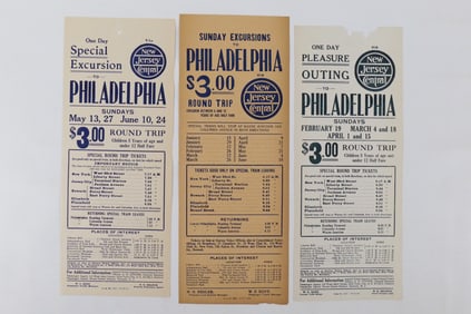 Lot of 3 New Jersey Central Philadelphia Excursion Broadsides