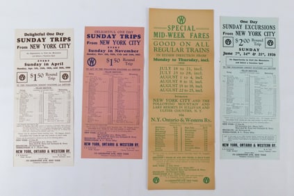 Lot of 4 New York, Ontario, and Western Railroad Excursion Broadsides