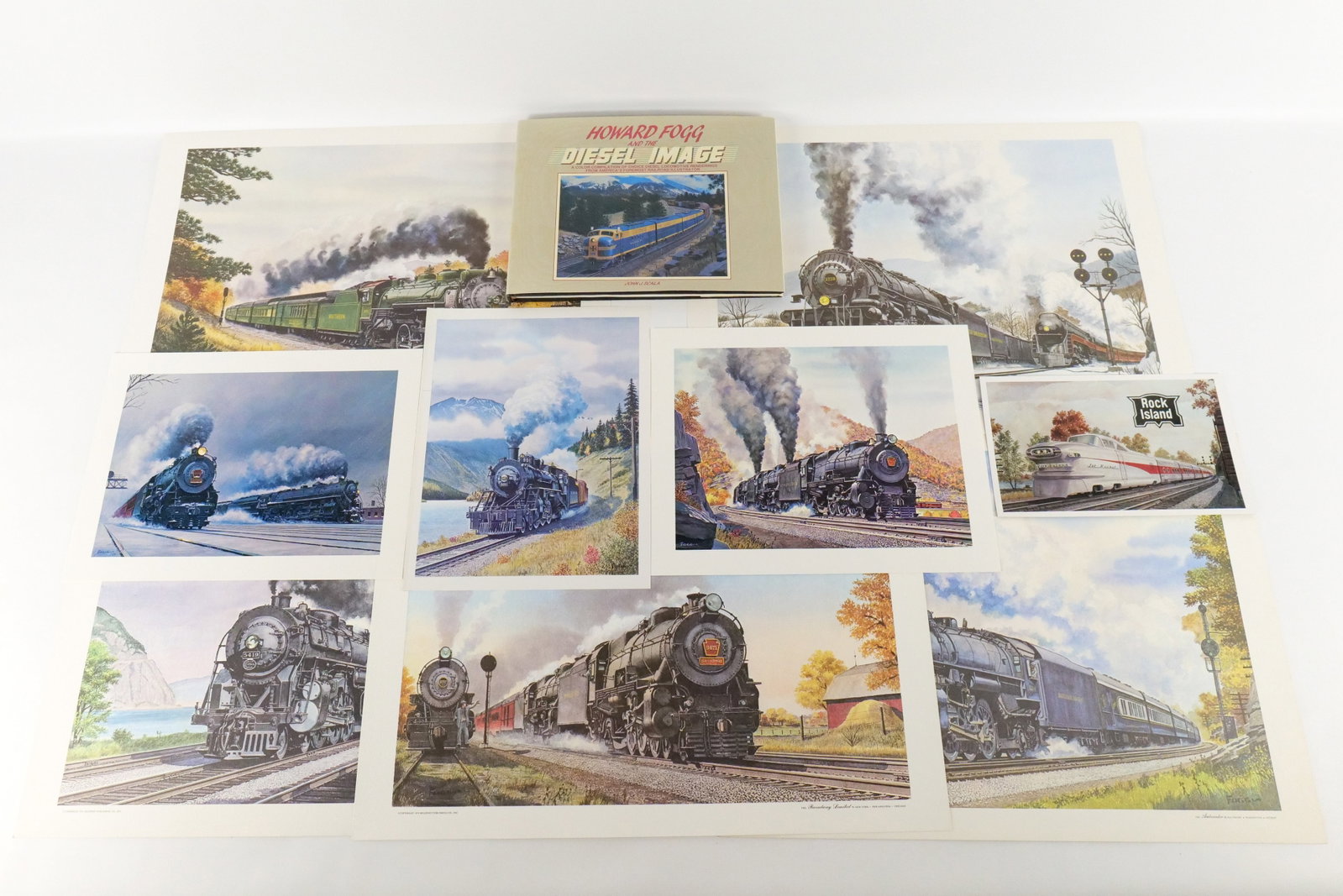Lot of Railroad Prints and Lithographs by Howard Fogg: Lot of Railroad Prints and Lithographs by Howard Fogg. Including a Group of Unframed Lithographs: "The Crescent Limited", "The Broadway Limited", "The Powhatan Limited", "20th Century Limited", and "T