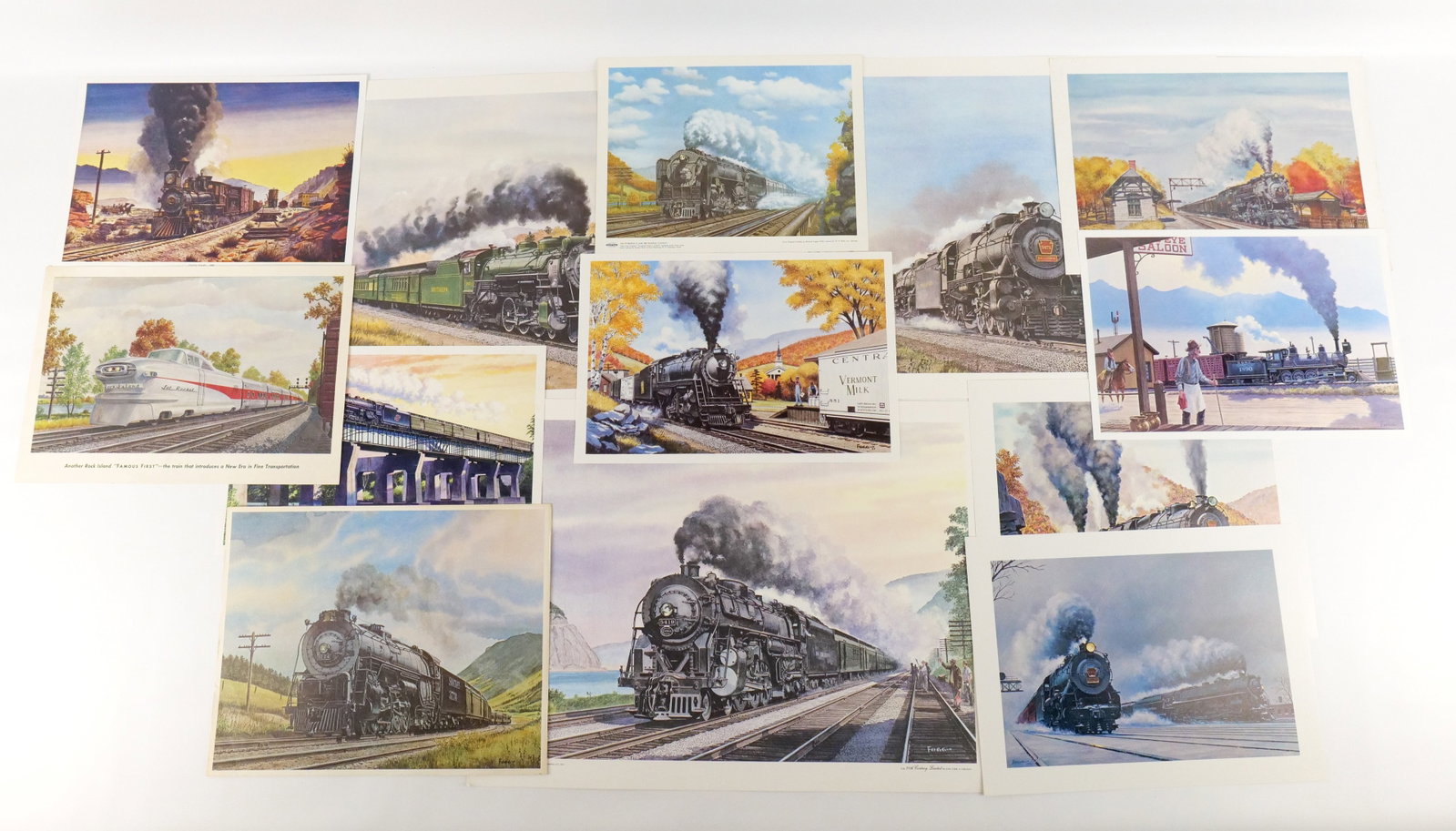 Lot of Unframed Train Lithographs by Howard Fogg: Lot of Unframed Train Lithographs by Howard Fogg. Including "20th Century Limited", "Broadway Limited", "Crescent Limited", Rock Island "Famous First", "Frontier Freight", Burlington's "AK-SAR-BEN", N