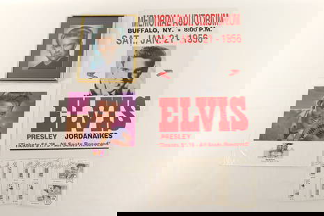 Lot of 1950's Icons Memorabilia: Lot of 1950's Icons Memorabilia. Including Elvis Poster - Memorial Auditorium Buffalo NY Sat. June 21st 1956, Stack of Elvis Stamp Official Ballots, Elvis 1st Day Issue Stamp, and Print on Canvas of J