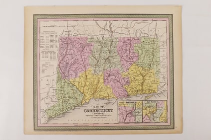 Hand Colored Map of Connecticut - 1854