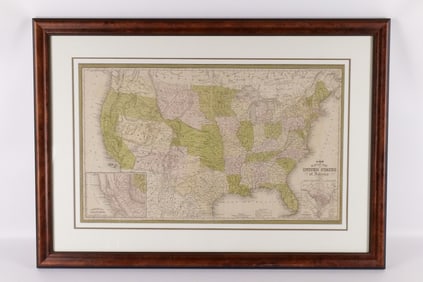 Framed Hand Colored New Map of the United States of America