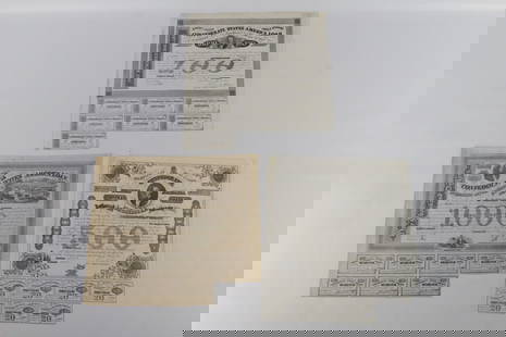 Lot of 3 Confederate Bonds from 1863: Lot of 3 Confederate Bonds from 1863. Including $1000, $500 and $100. All invoices must be paid within 24 hours of the sale. We offer multiple shipping options, please read the shipping terms to under