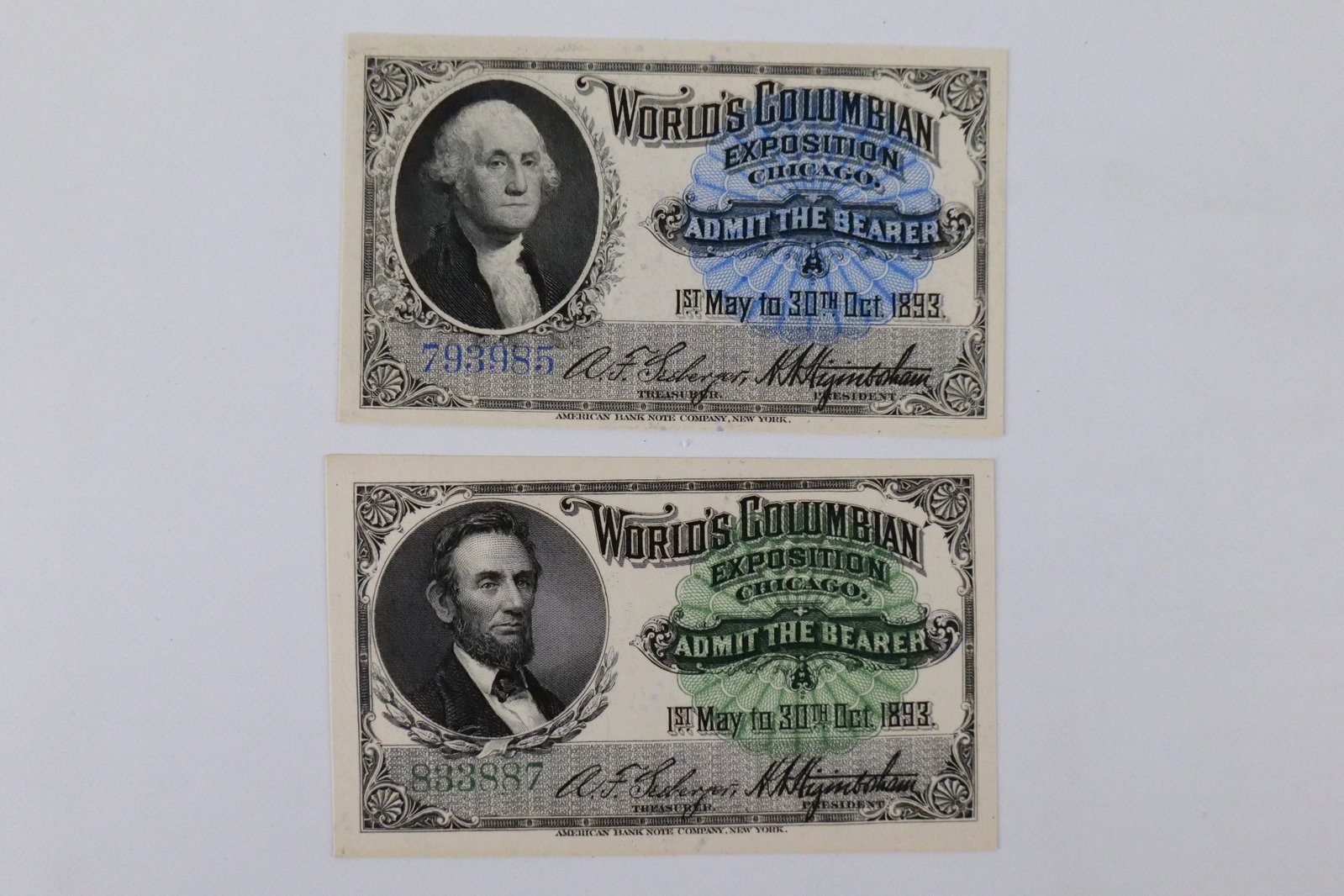 Pair of World's Fair Columbian Exposition Chicago Tickets: Pair of World's Fair Columbian Exposition Chicago Tickets. 1st May to 30th Oct. 1893. Features Lincoln and Washington. In Crisp Excellent Condition. All invoices must be paid within 24 hours of the sa