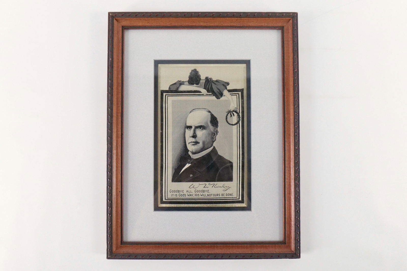 Framed Antique WM McKinley Mourning Silk: Framed Antique WM McKinley Mourning Silk. Frame measures 15.5" tall x 12.25" wide. All invoices must be paid within 24 hours of the sale. We offer multiple shipping options, please read the shipping t