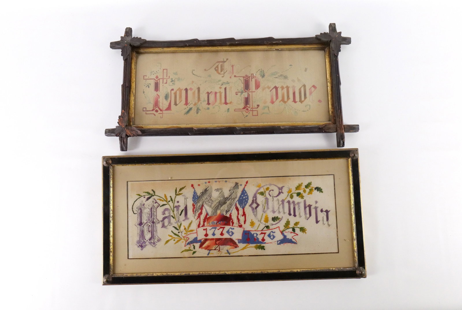 Lot of 2 19th Century Needlepoints: Lot of 2 19th Century Needlepoints. Including "The Lord Will Prevail" and "Hail Columbia". Both appear to have loss and the Hail Columbia may be incomplete. Some staining to the mesh backing. Largest 