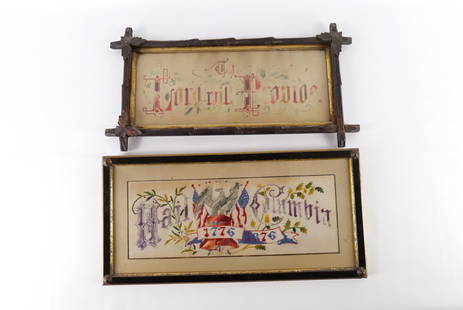 Lot of 2 19th Century Needlepoints: Lot of 2 19th Century Needlepoints. Including "The Lord Will Prevail" and "Hail Columbia". Both appear to have loss and the Hail Columbia may be incomplete. Some staining to the mesh backing. Largest