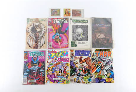Small Lot of Comics and a Few Trading Cards: Small Lot of Comics and a Few Trading Cards. Including Dr. Strange, Sandman, Thor, Avengers and More. Also including Chewing Gum Card and a Couple of War Cards. The gum card has some creasing. All inv