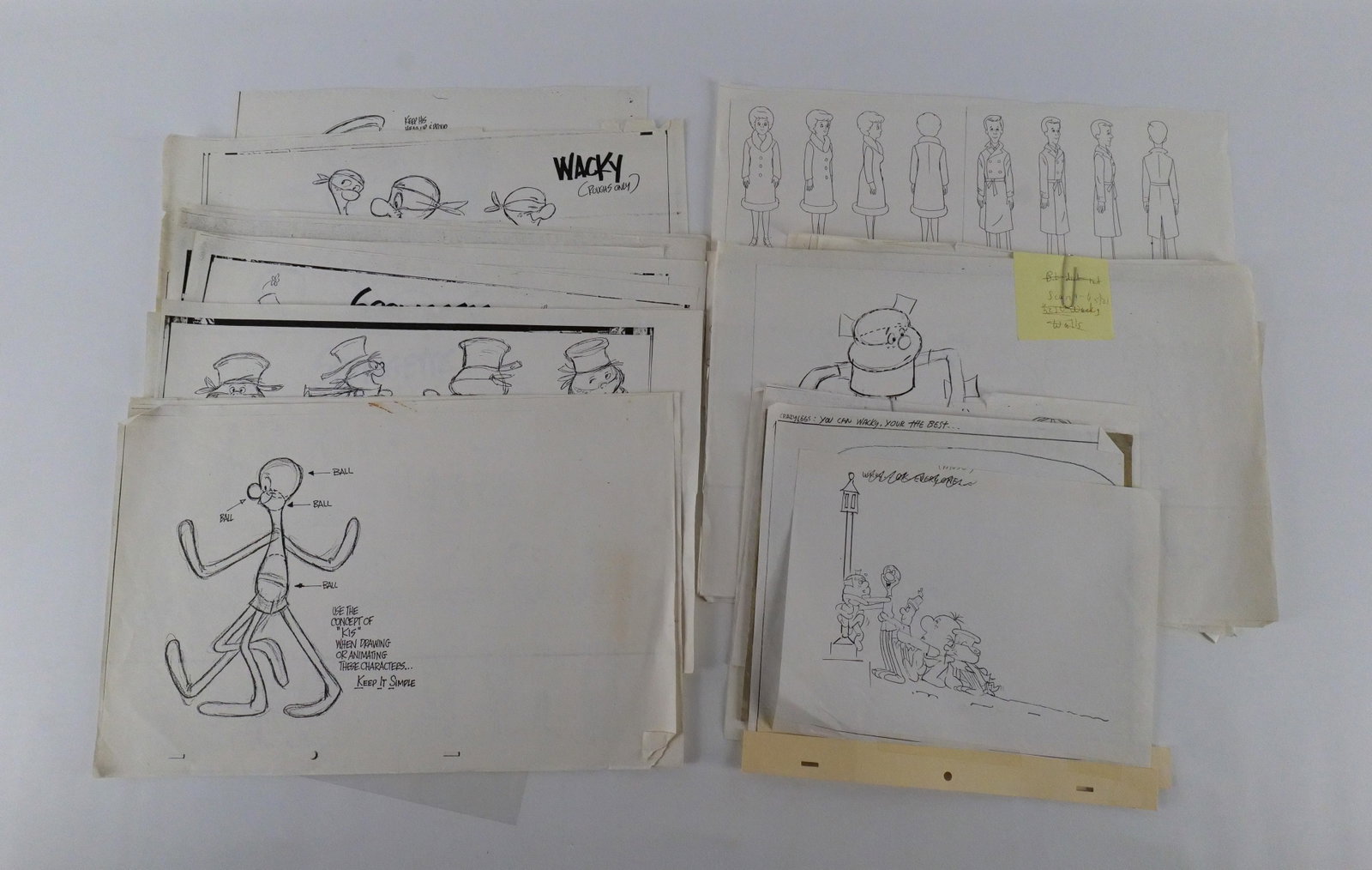 Group Lot of Concept Animation Art: Group Lot of Concept Animation Art by Jack Dazzo. Includes one hand drawn cel and various photocopies of characters and model sheets. This was from a TV Special called "Deck the Halls with Wacky Walls
