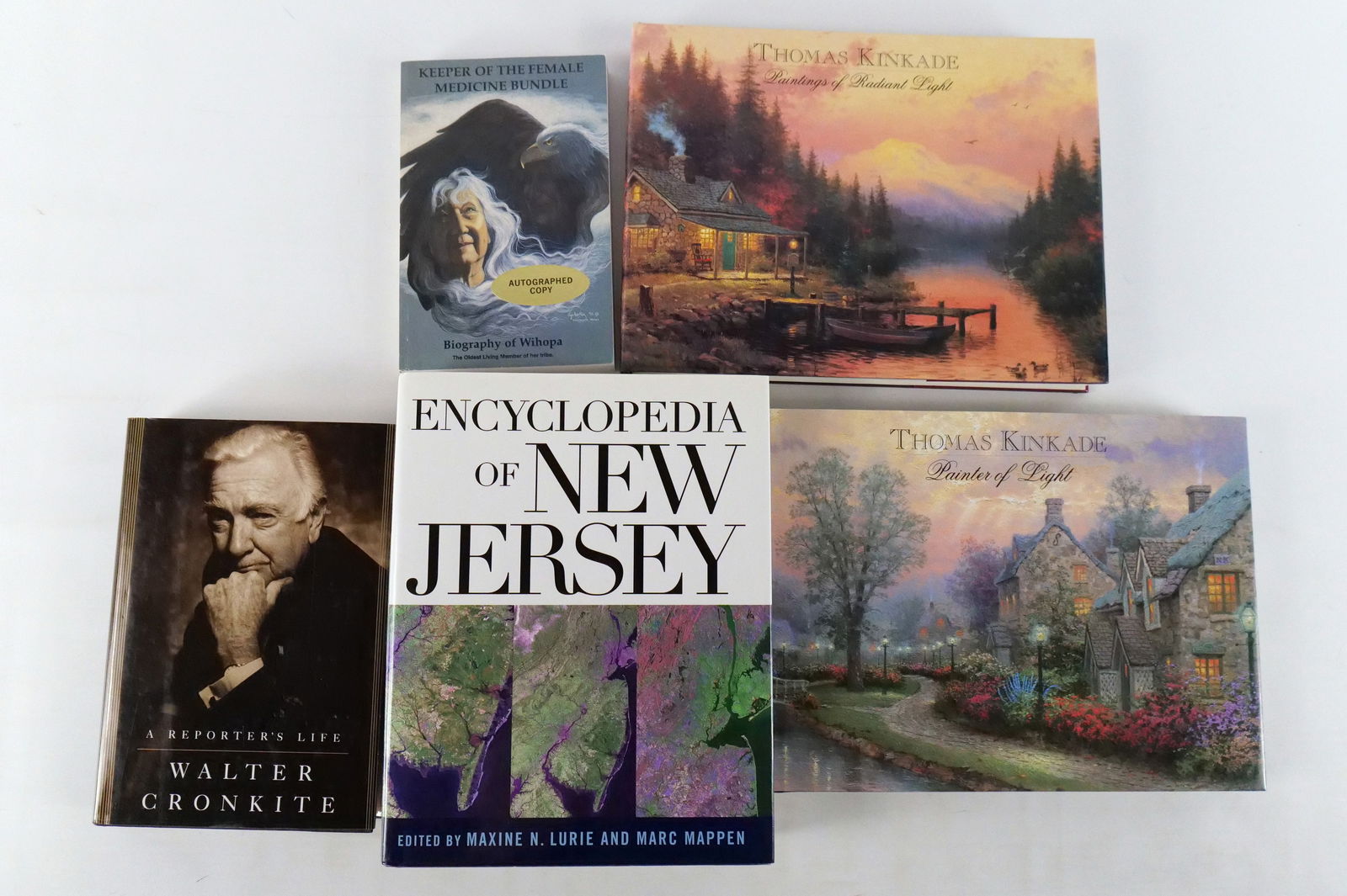 Lot of 5 Autographed Books: Lot of 5 Autographed Books. Including Dr. AC Ross (Keeper of the Female Medicine Bundle), 2 x Thomas Kinkade (Paintings of Radiant Life & Painter of Light), Walter Cronkite (A Reporter's Life), Maxine