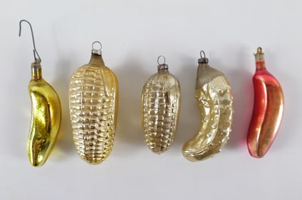 Lot of 5 Vintage Blown and Mercury Glass Christmas Ornaments
